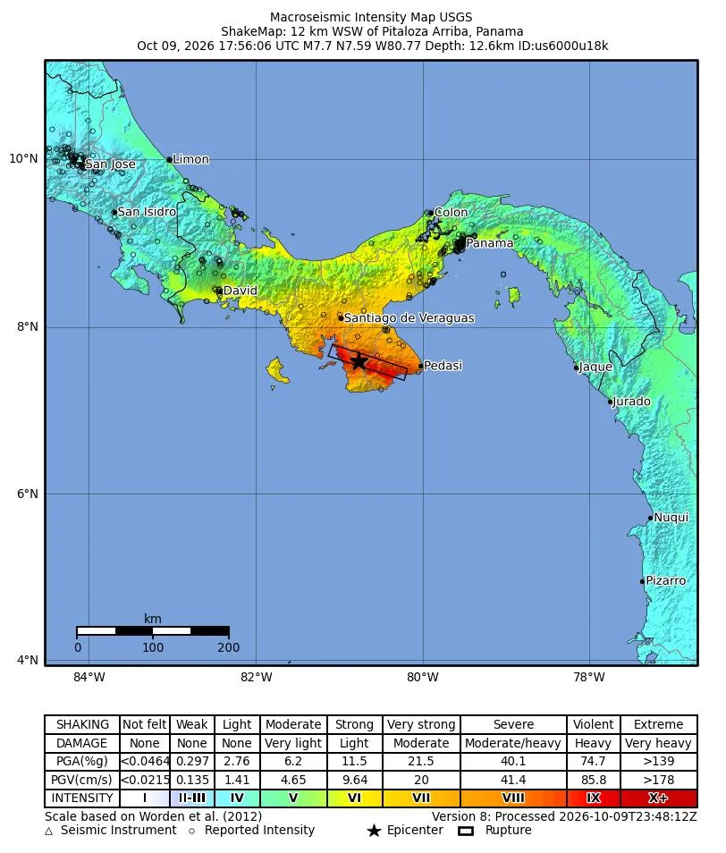 Schokkaart van USGS met de trillingsintensiteit van de aardbeving met magnitude 7,7, 12 kilometer ten zuidwesten van Pitaloza Arriba in Panama.