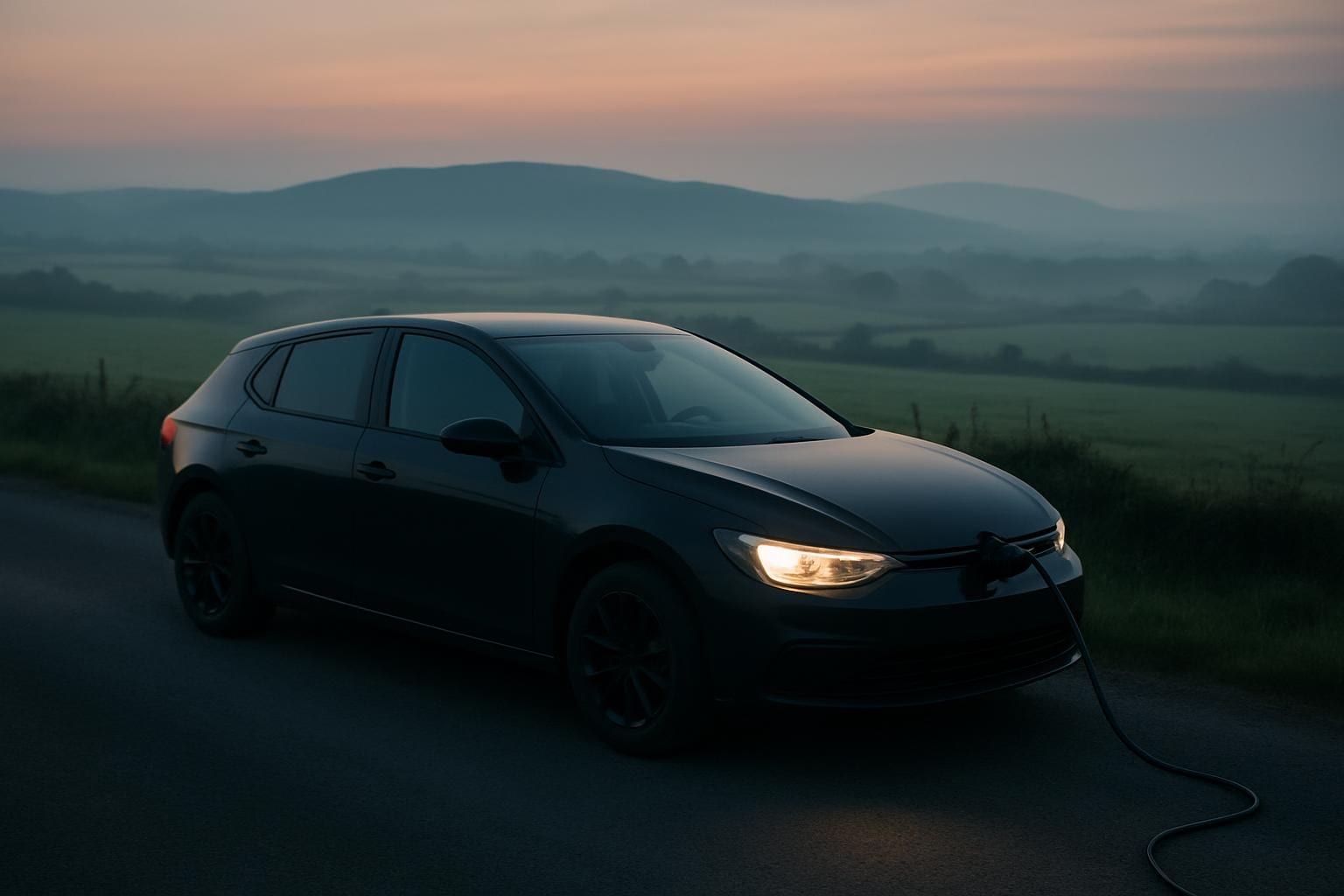 Een elektrische auto met laadkabel staat op een rustige landweg in het Ierse platteland bij schemering