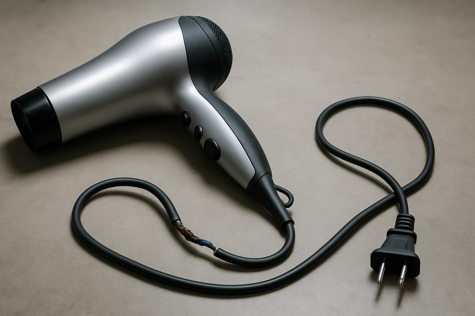Een haardroger met een beschadigd netsnoer